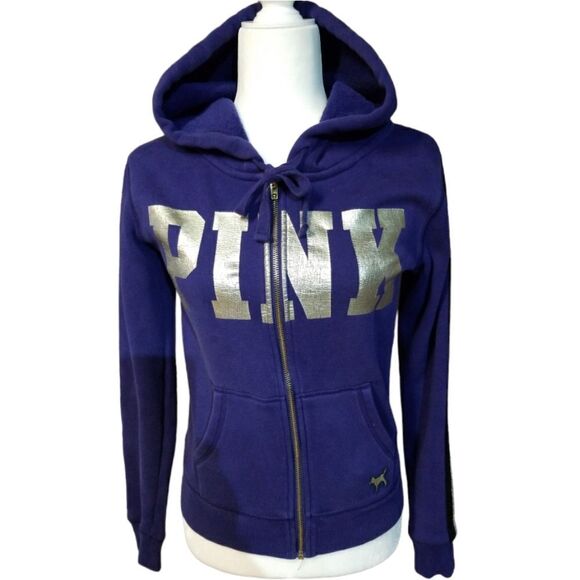 "Pink " Victoria Secret Hoodie Sweatshirt Jacket with Gold Lettering XS - Picture 1 of 9